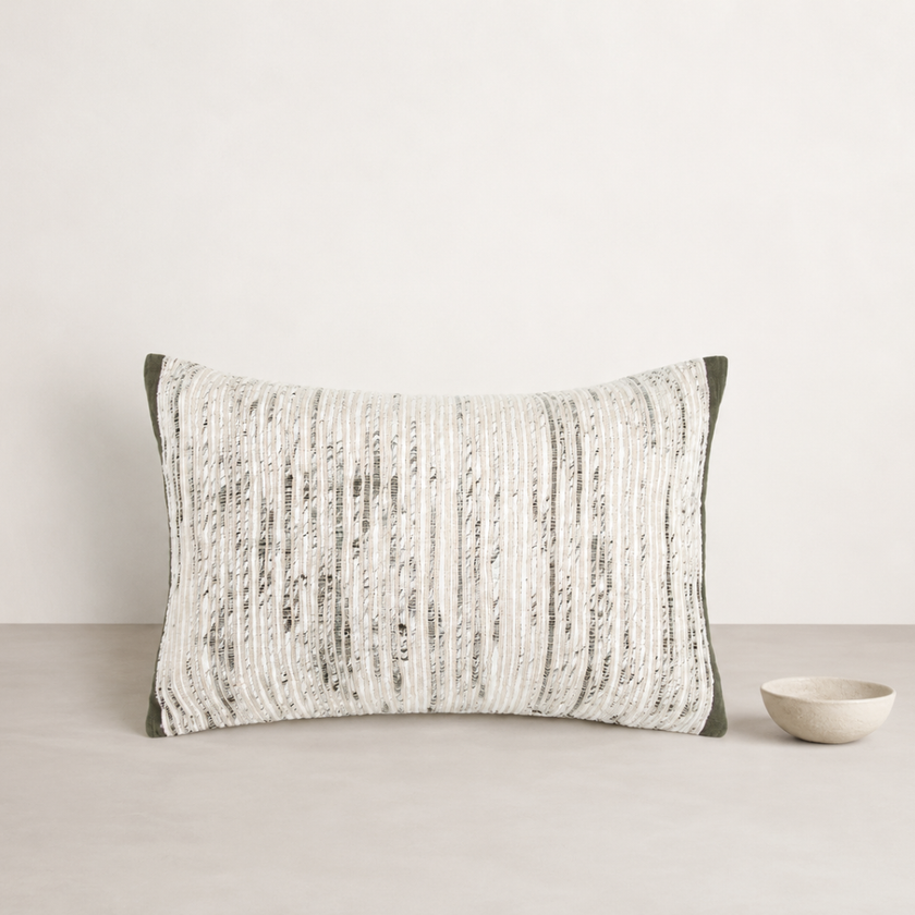 Ema Silk/Cotton Cushion Lumbar - Olive — contrast flange ends framing the woven olive front