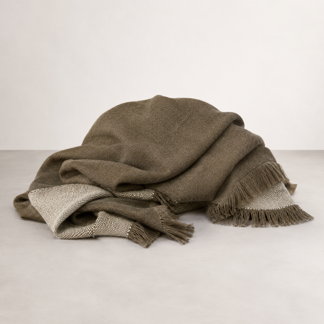 Faro Throw - Olive — reversible woven wool throw in muted olive