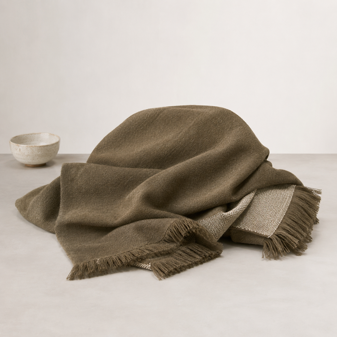 Faro Throw - Olive — heavy drape with a fringed edge