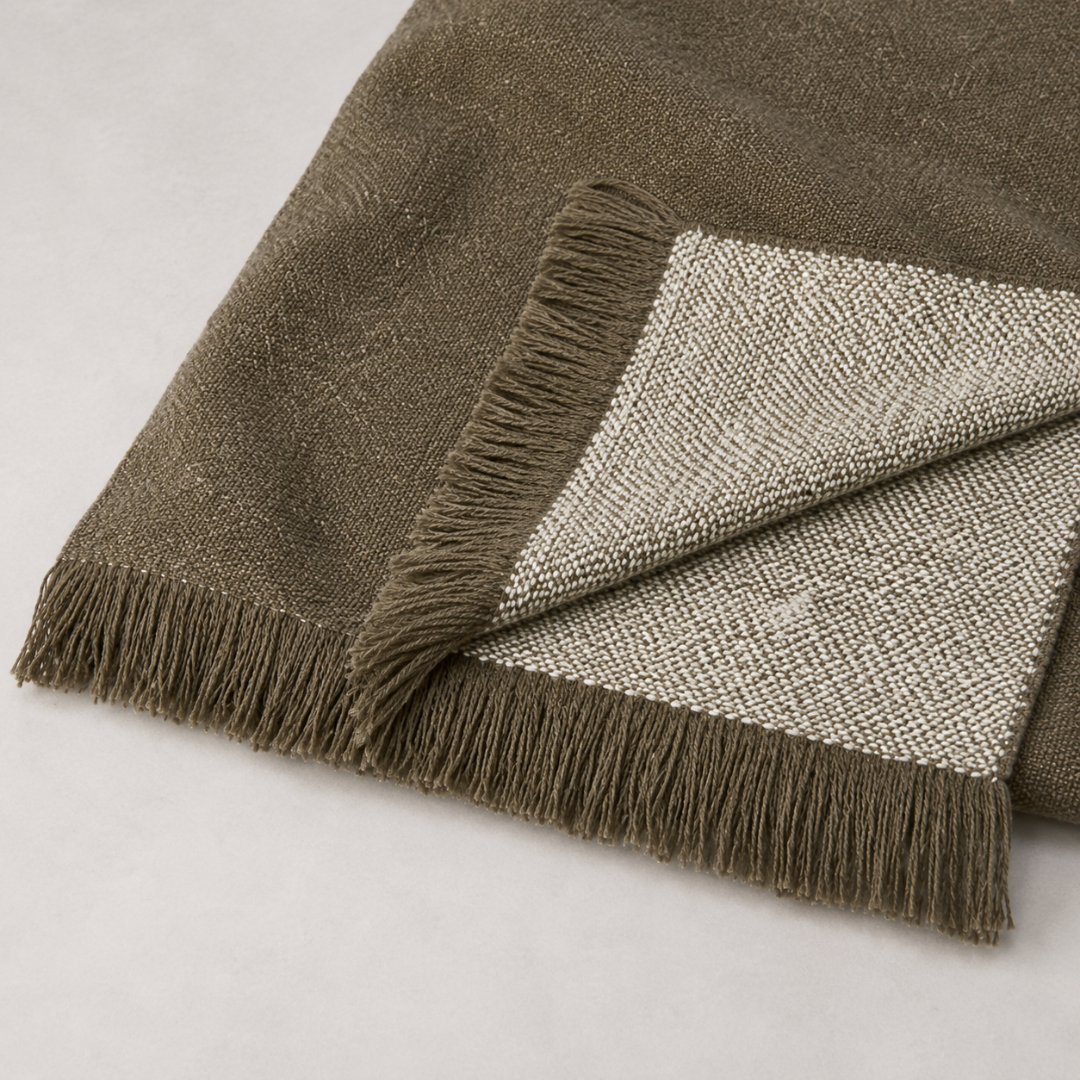 Faro Throw - Olive — double-sided wool throw with soft fringe