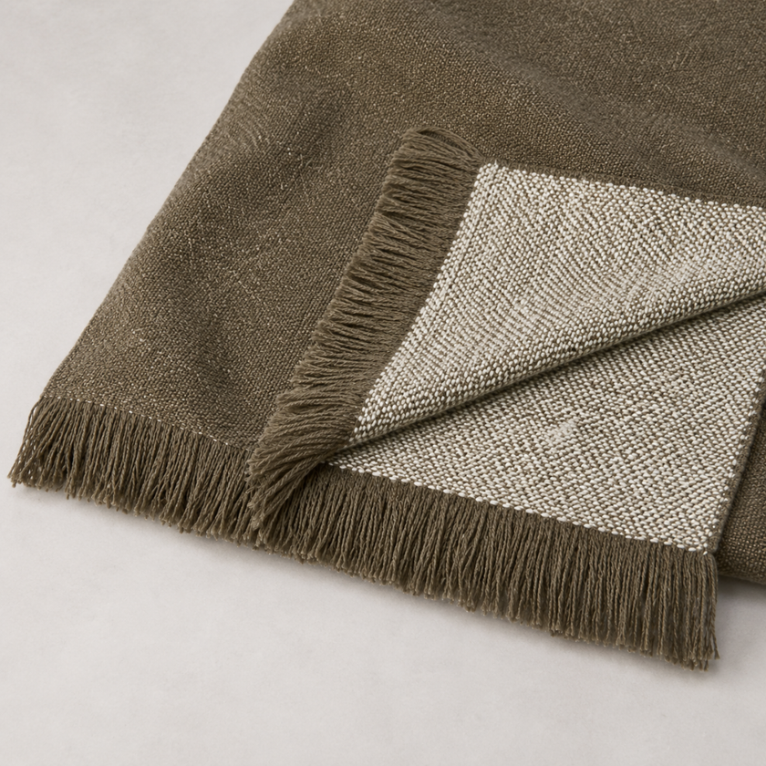 Faro Throw - Olive — double-sided wool throw with soft fringe