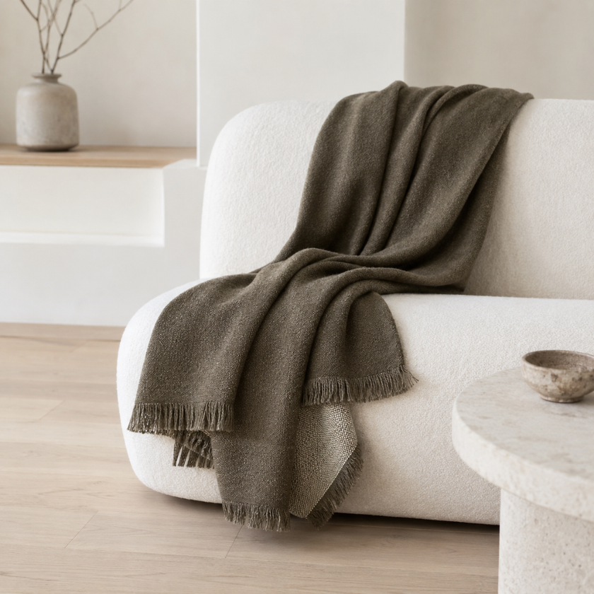 Faro Throw - Olive — washed lived-in wool texture in olive