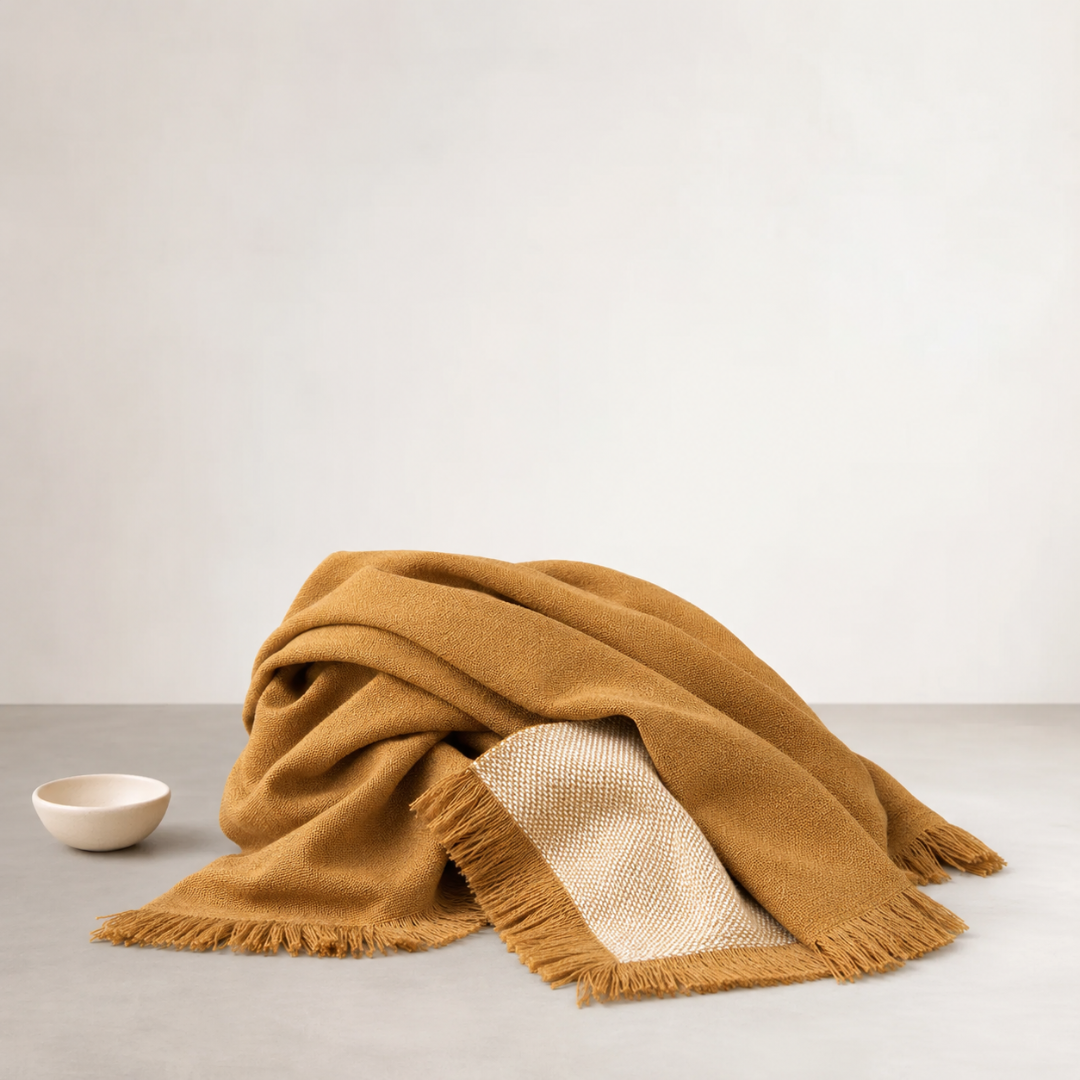 Faro Throw - Toffee — loosely knotted fringe along the edge