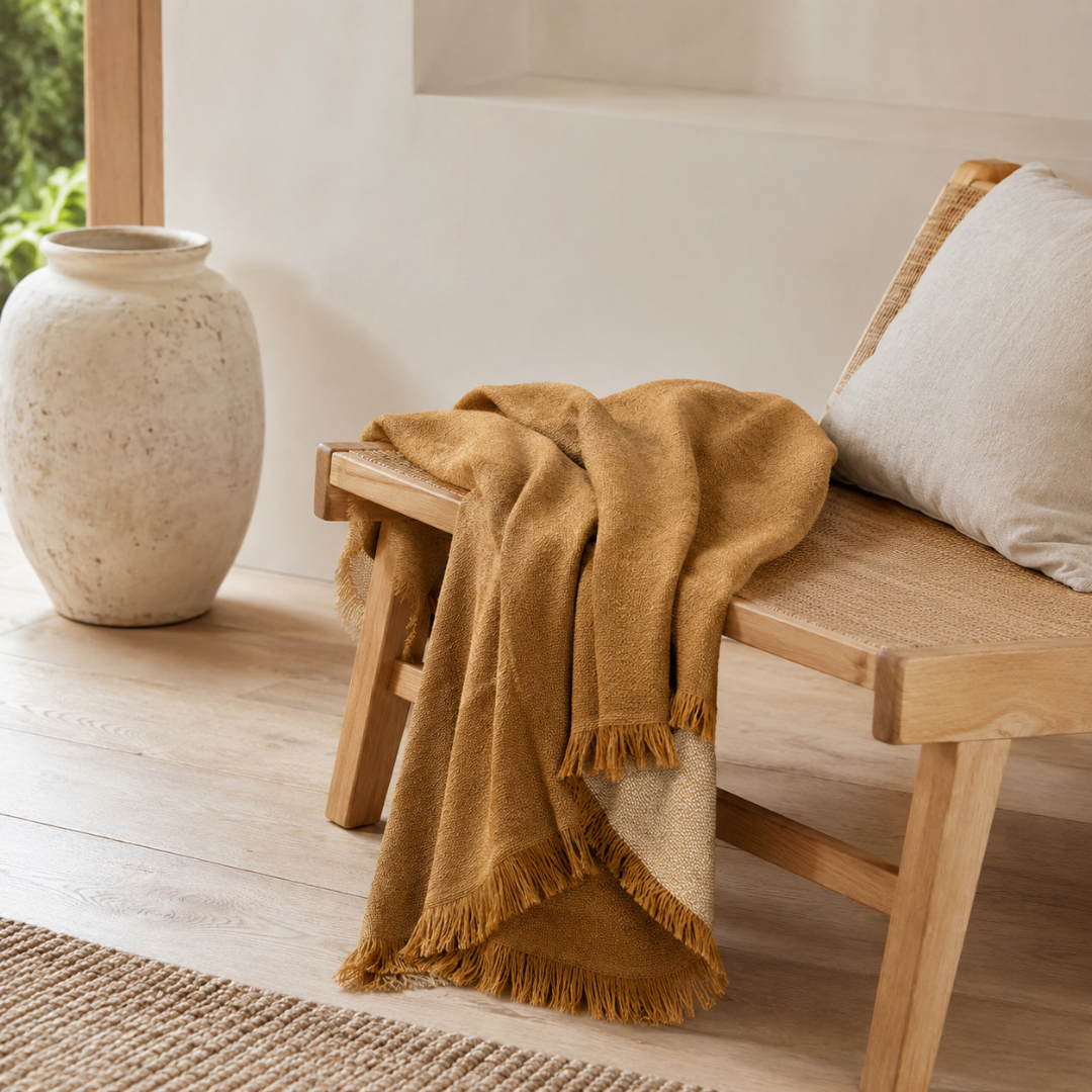 Faro Throw - Toffee — warm toffee wool with substantial drape