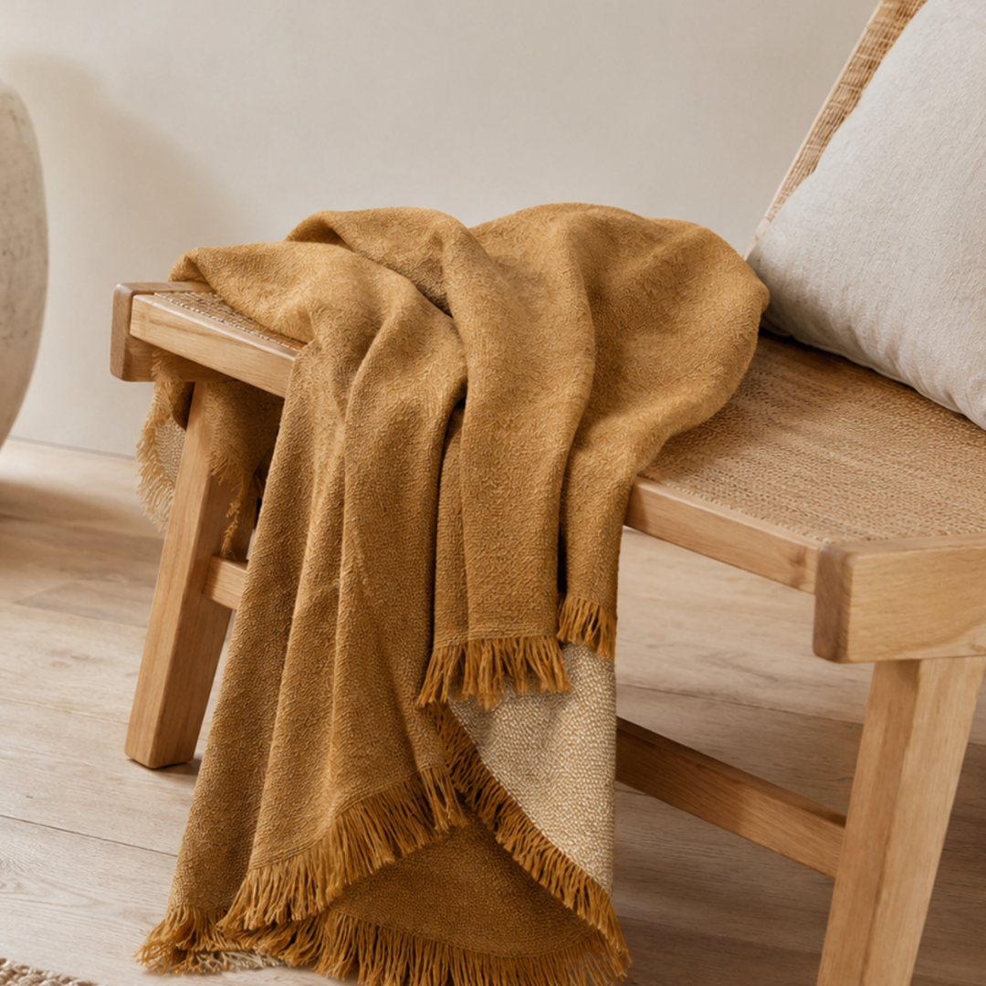 Faro Throw - Toffee — rich toffee colour deepened by the wool weave