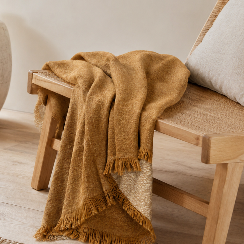 Faro Throw - Toffee — rich toffee colour deepened by the wool weave