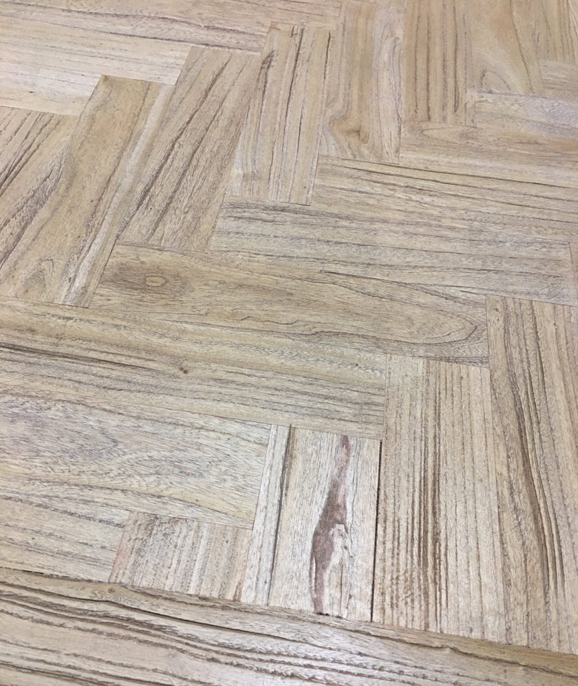 Cinquant Reclaimed Elm Coffee Table — close detail of the herringbone reclaimed elm top