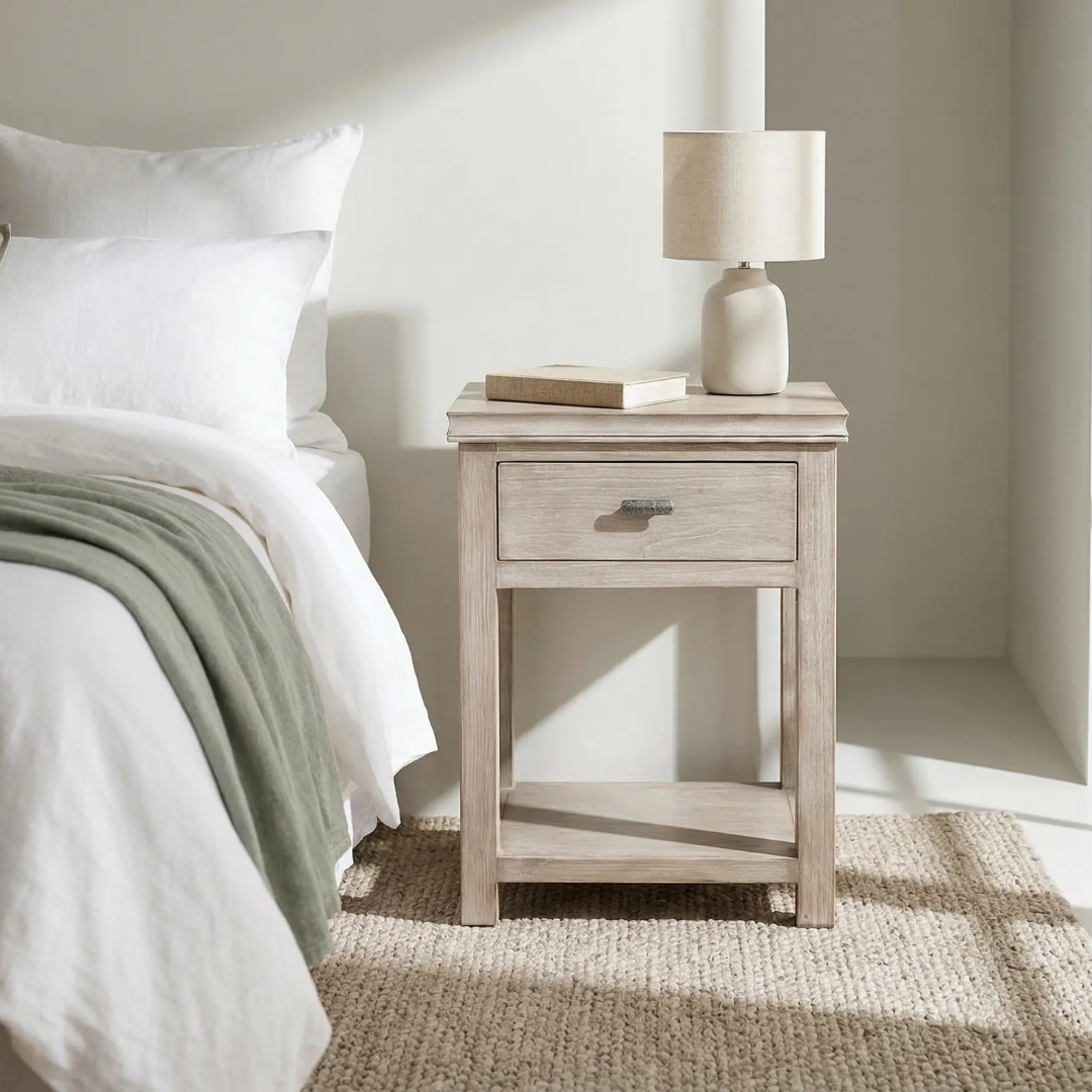 Modena TS050 one-drawer bedside cabinet in light timber styled beside a bed with a table lamp and books