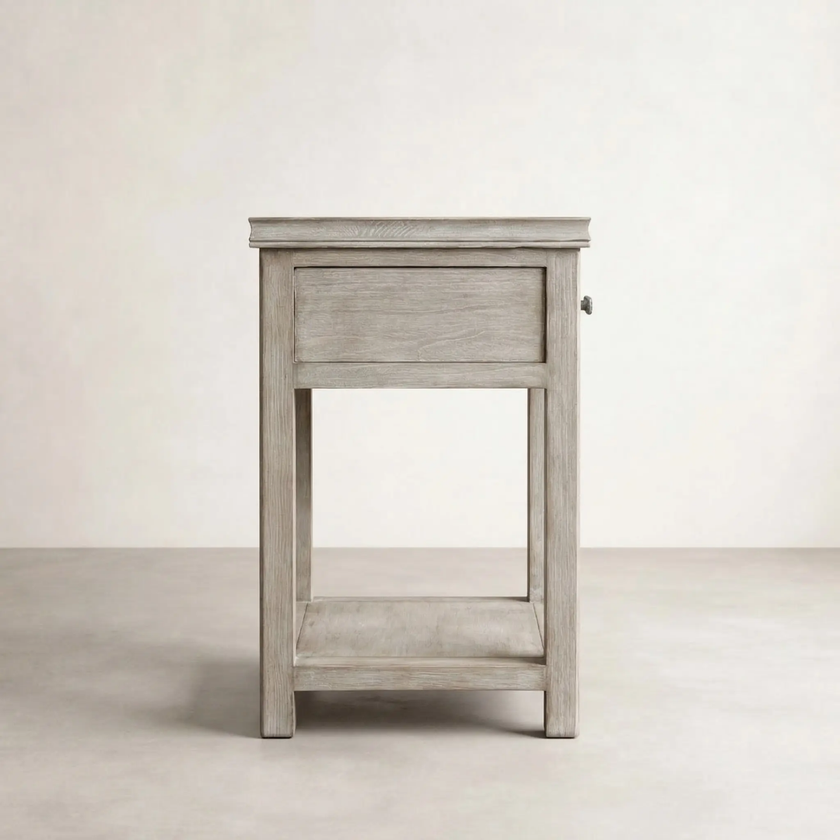 Modena TS050 one-drawer bedside cabinet in light timber, front view on neutral background