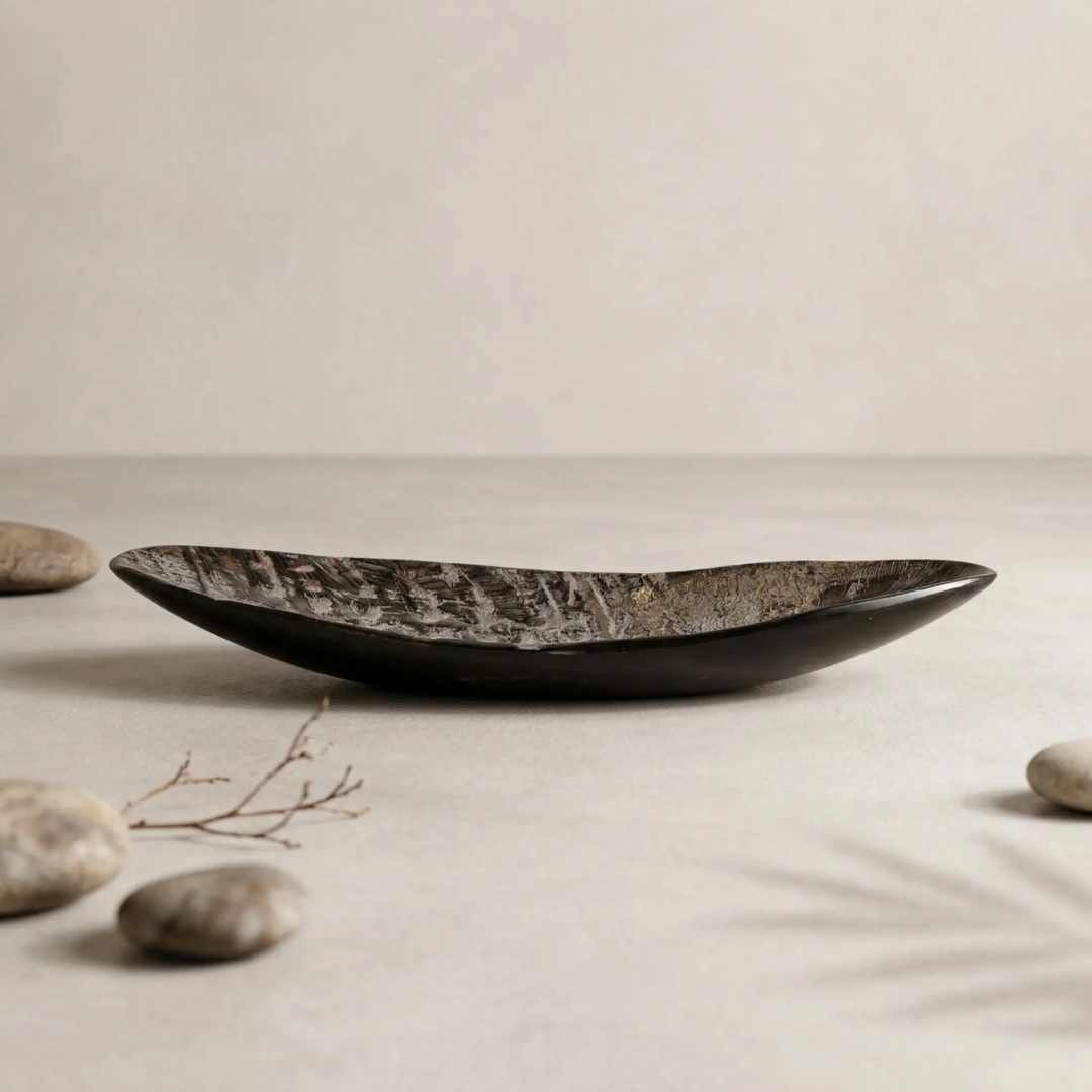 Oval Horn Salt Dish — raw bark-like horn exterior with darker tonal layers inside