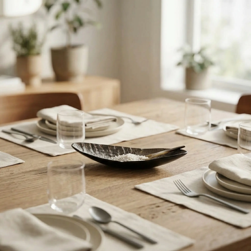Oval Horn Salt Dish — natural striations catching light across the curved interior