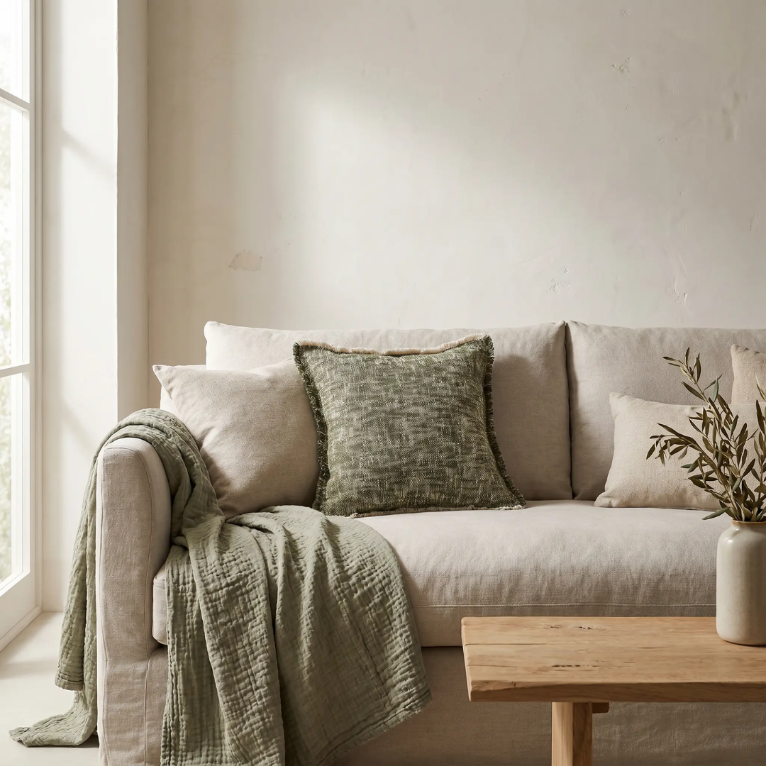 Sero Cotton Cushion — olive deepening where the thicker yarns gather