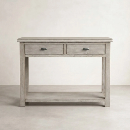 Sienna two-drawer hall table in light timber, front view on neutral background