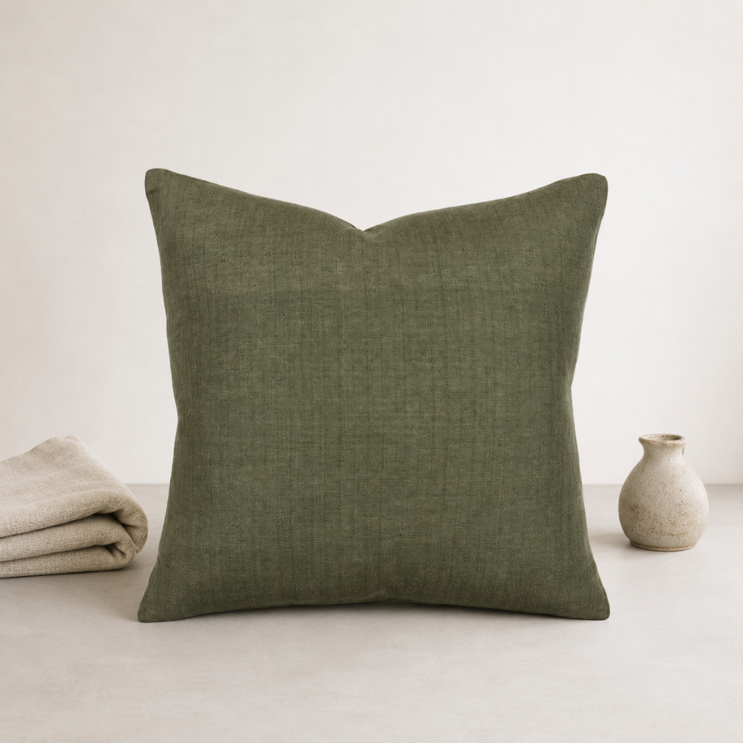 Una Cushion - Olive — light stonewash softening the olive weave