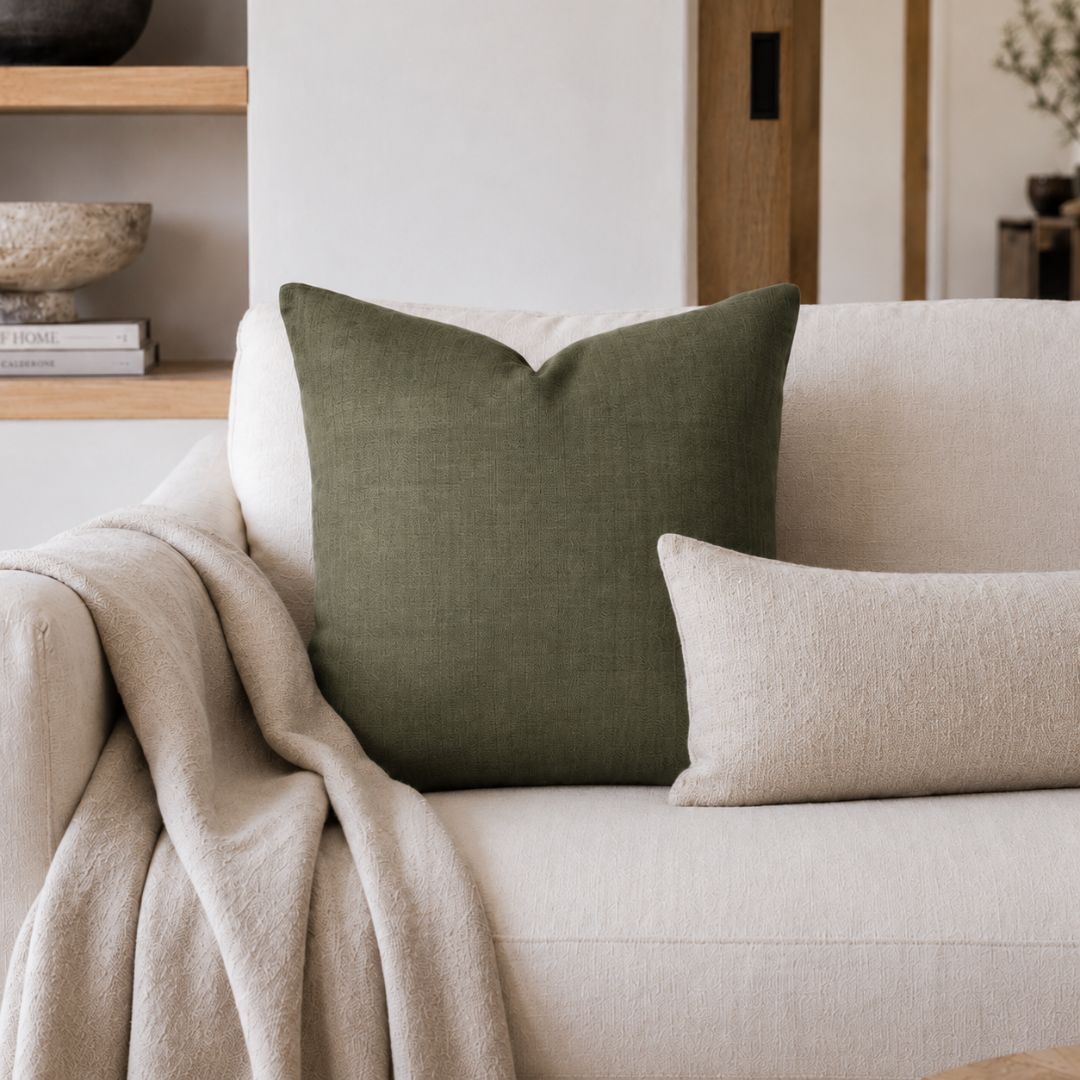 Una Cushion - Olive — handwoven olive linen-cotton holding its shape