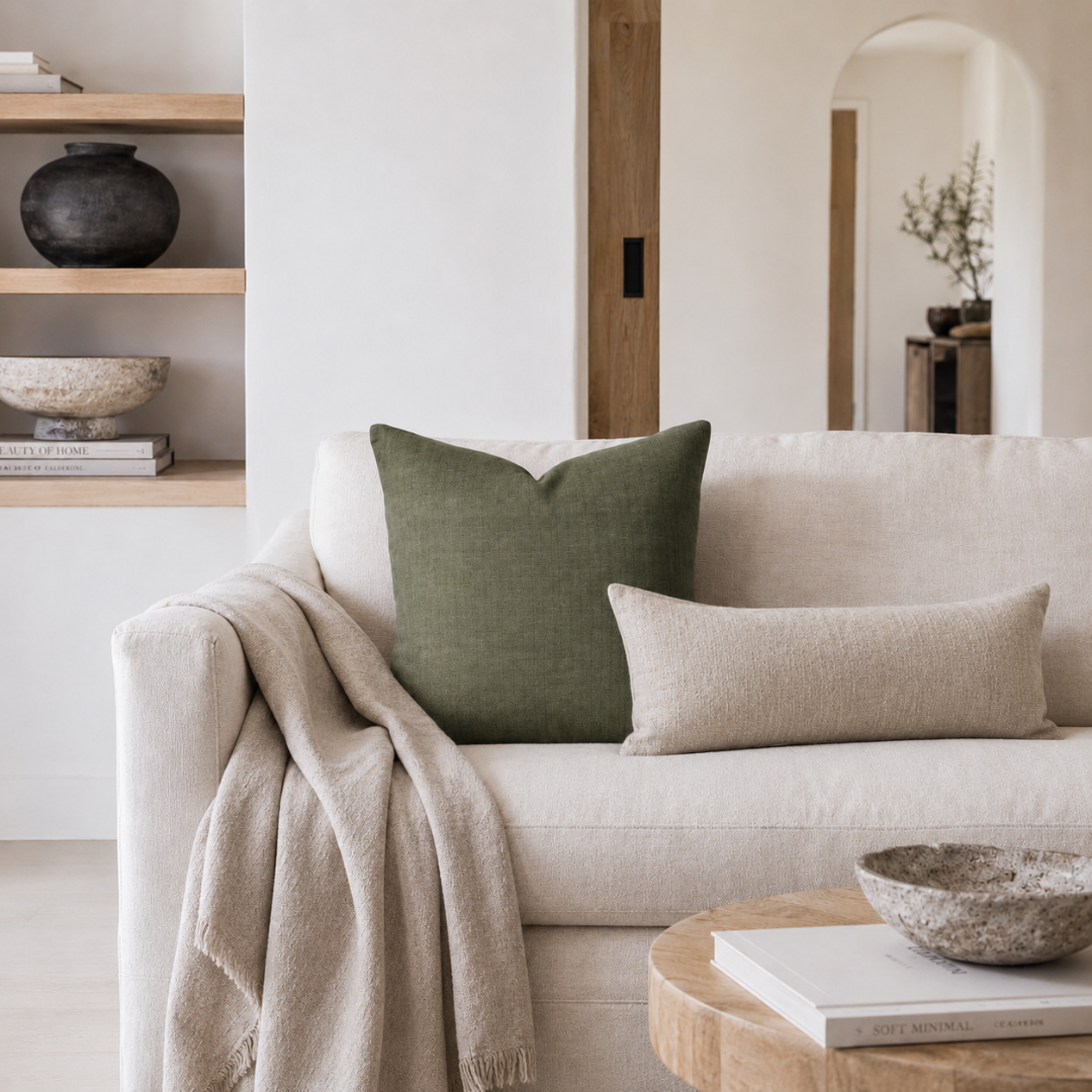 Una Cushion - Olive — slightly irregular texture catching light unevenly