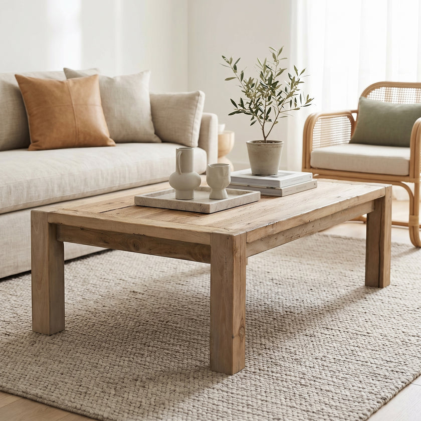 Living room with a wooden coffee table, beige sofa, and wicker chair.