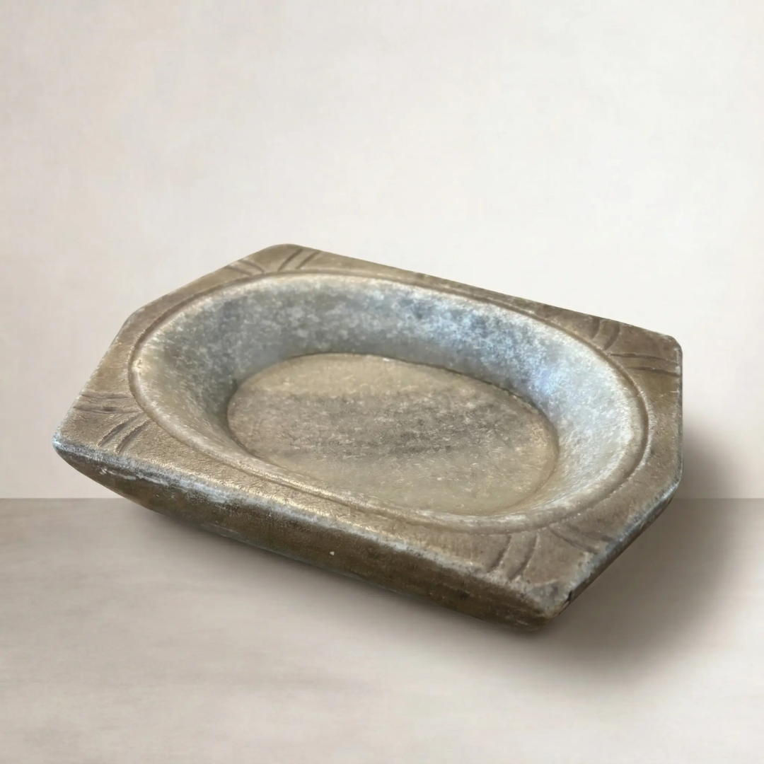 Reclaimed Stone Mortar — boat-shaped Ayurvedic kharal carved from a single piece of soapstone