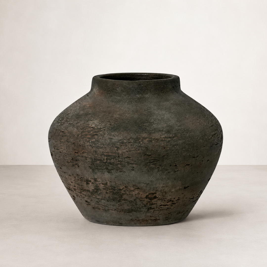 Tufo Vase - Small — low wide eco-cement vessel with weathered earthenware texture