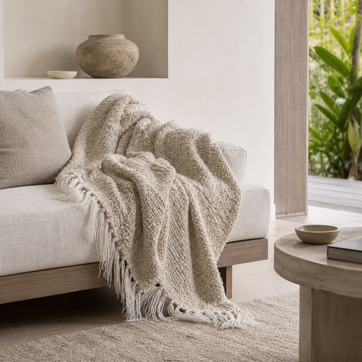 Wabi Throw — hand-spun ivory linen throw with tassel fringe