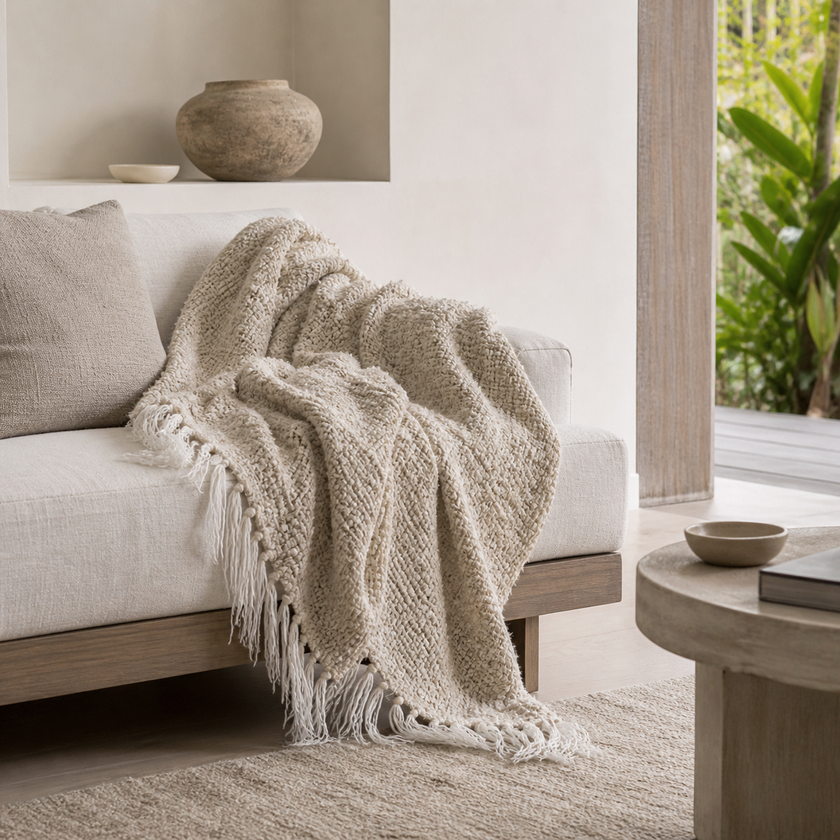 Wabi Throw — hand-spun ivory linen throw with tassel fringe
