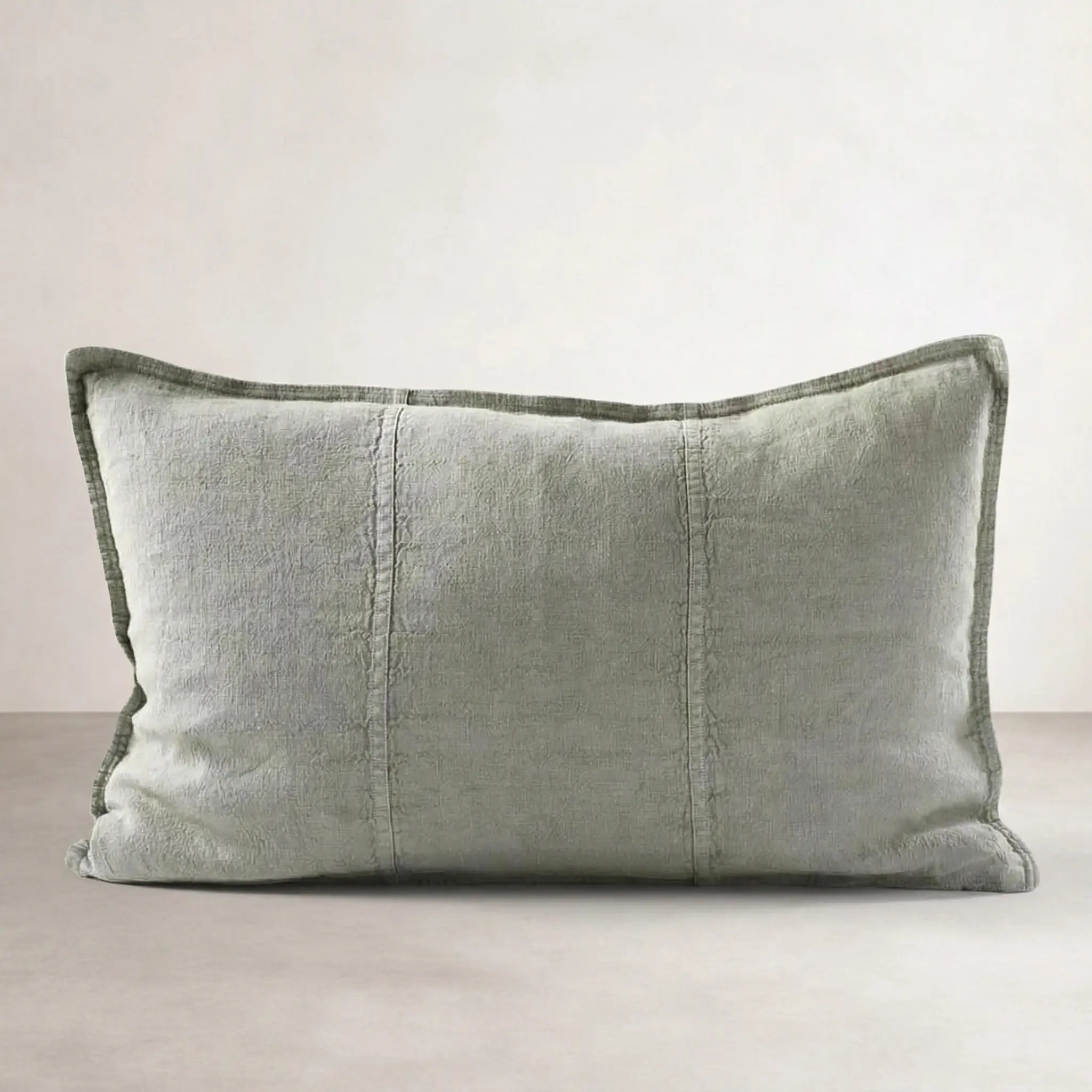 Luca Linen Outdoor Cushion - Pistachio — rectangular pistachio linen cushion with panel stitch detail