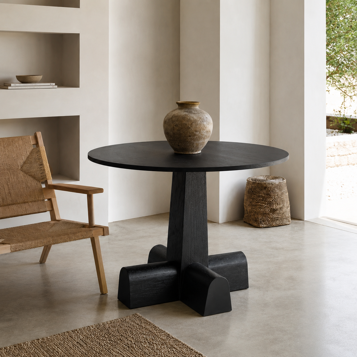 A round black dining table with a sculptural cross-shaped pedestal base, styled in a minimalist modern room with a woven chair and a ceramic vase on top.