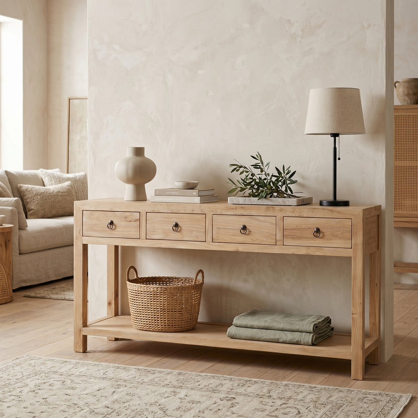 Wooden console table in a living room with decor items