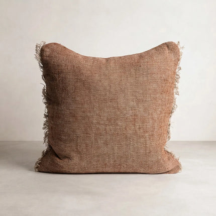 Tabako Linen Cushion — square cushion in textured tobacco linen with frayed fringe