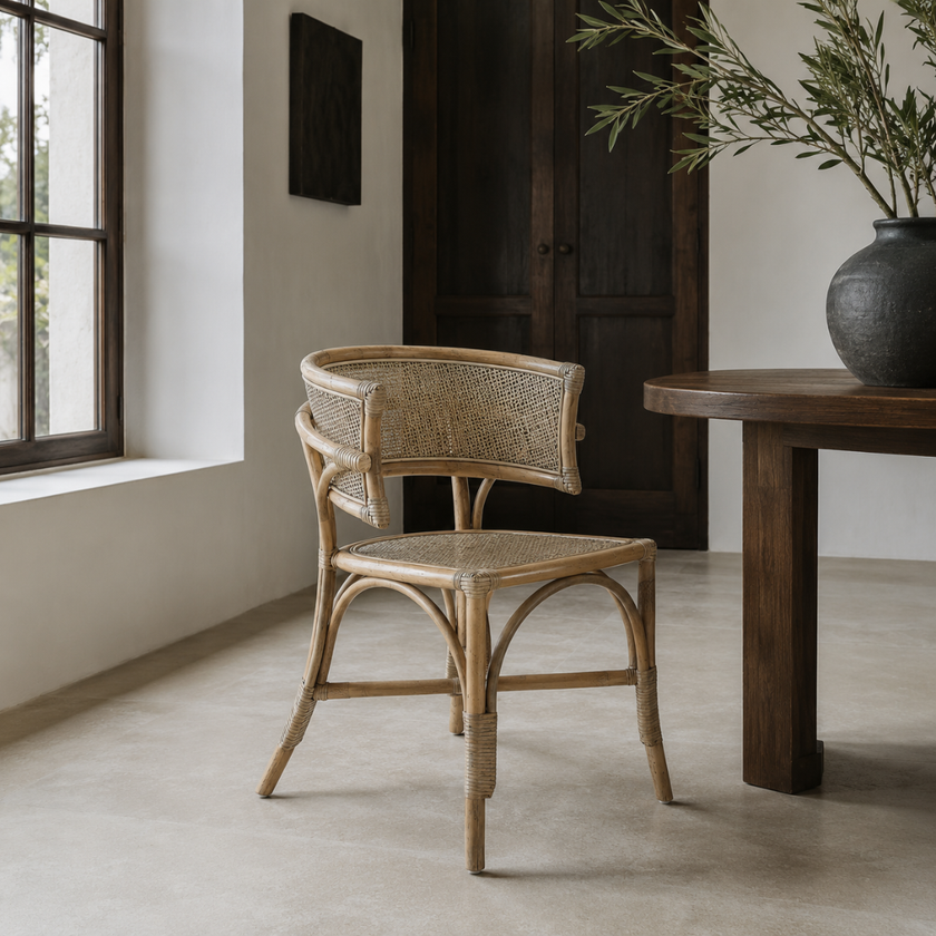 Cana Dining Chair — mud-grey wash showing the natural rattan grain