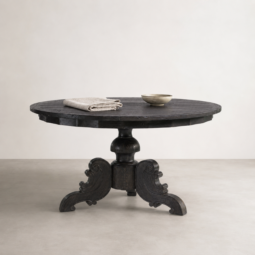 Caribbean Round Dining Table — central pedestal on three hand-carved scrolled feet