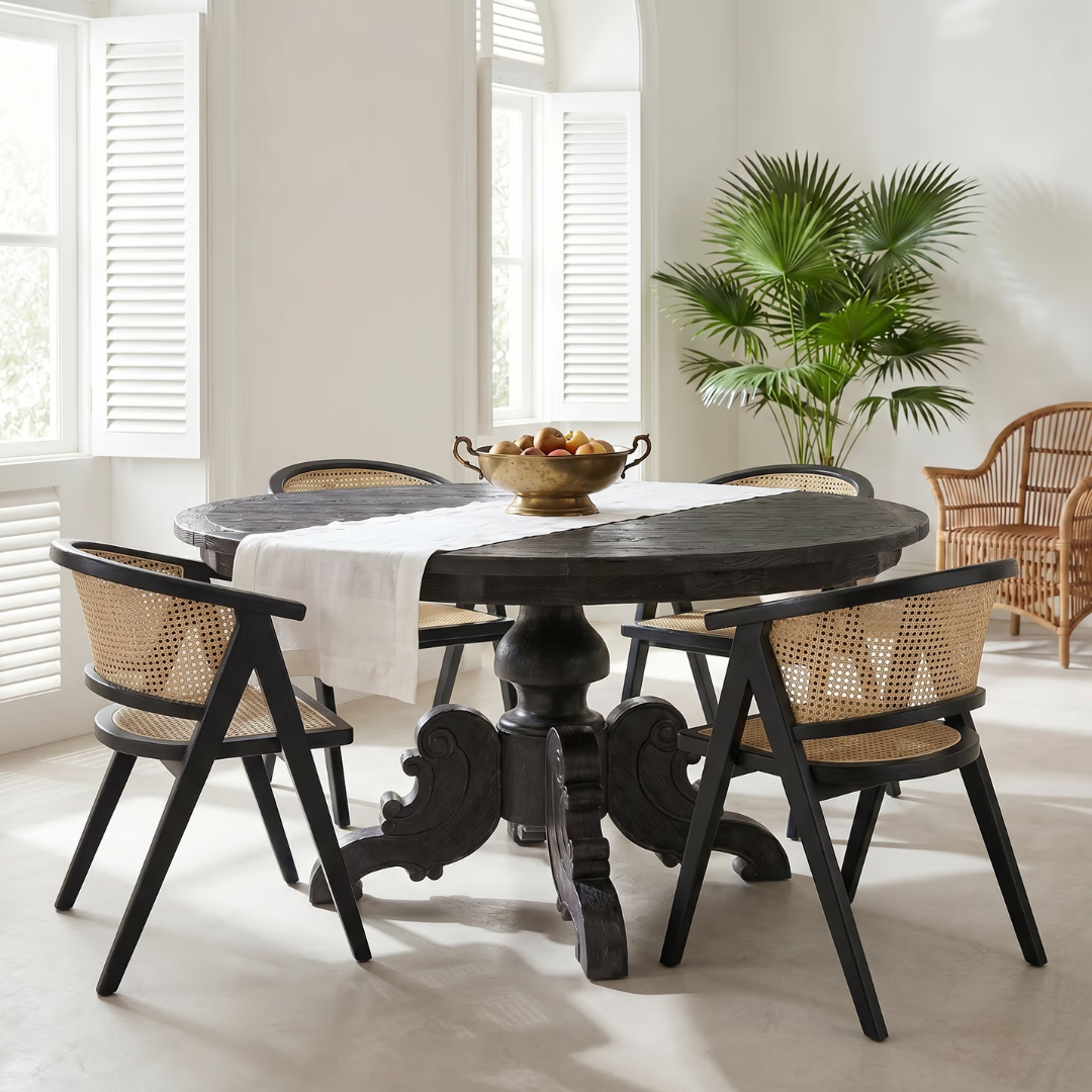 Caribbean Round Dining Table — carving running up into the pedestal column