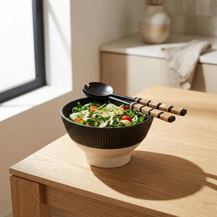 Eko Ceramic Bowl — low wide-mouthed serving bowl in matte black ceramic