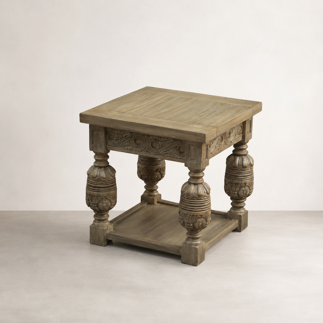 Casablanca Side Table — mud grey wash letting the timber grain show through