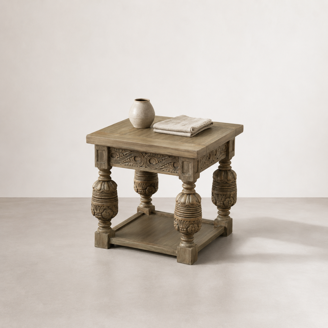 Casablanca Side Table — geometric carved frieze beneath the top