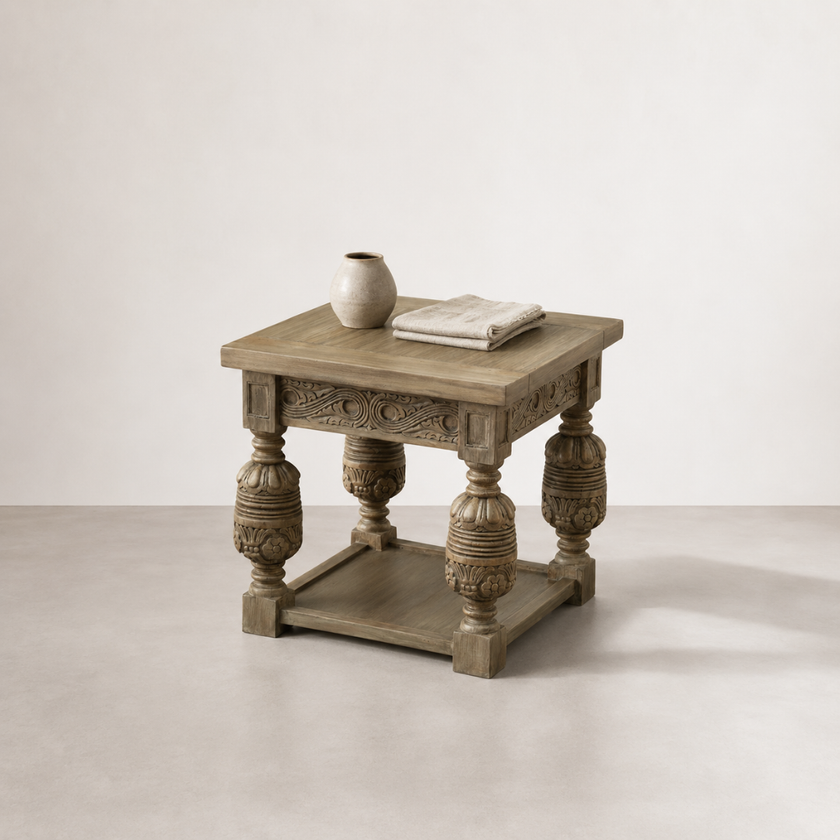 Casablanca Side Table — geometric carved frieze beneath the top