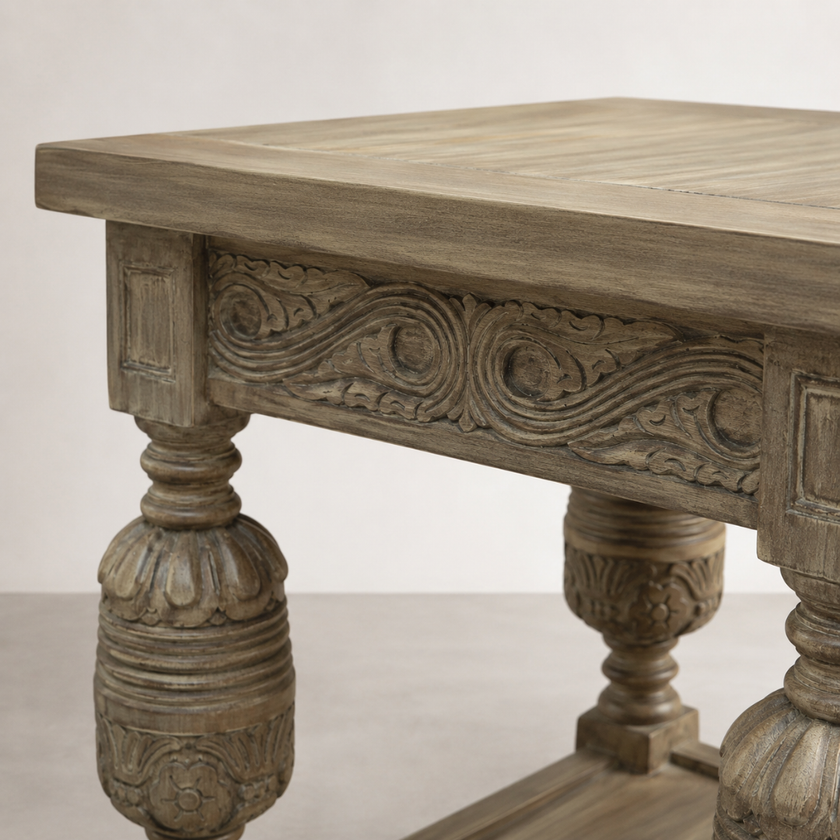 Casablanca Side Table — warm mid-tone mud grey over carved timber