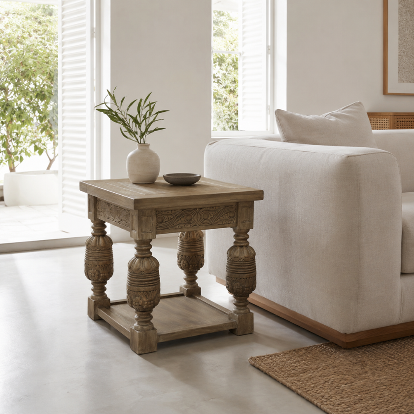 Casablanca Side Table — lower stretcher shelf joining the chunky legs