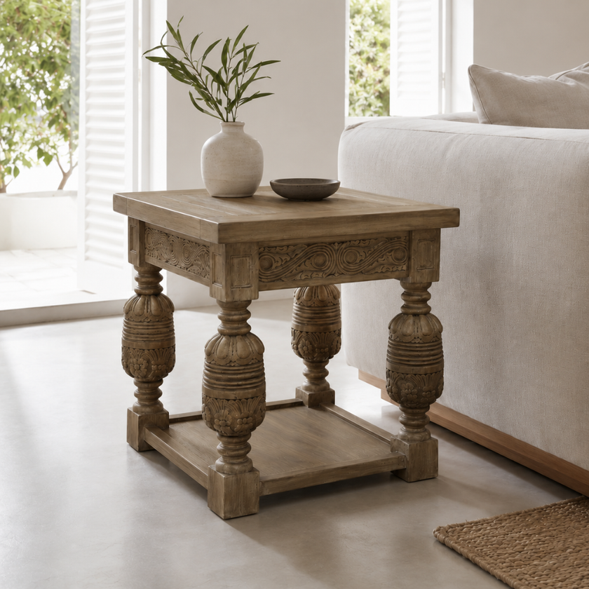 Casablanca Side Table — square-format side table in old-growth mango