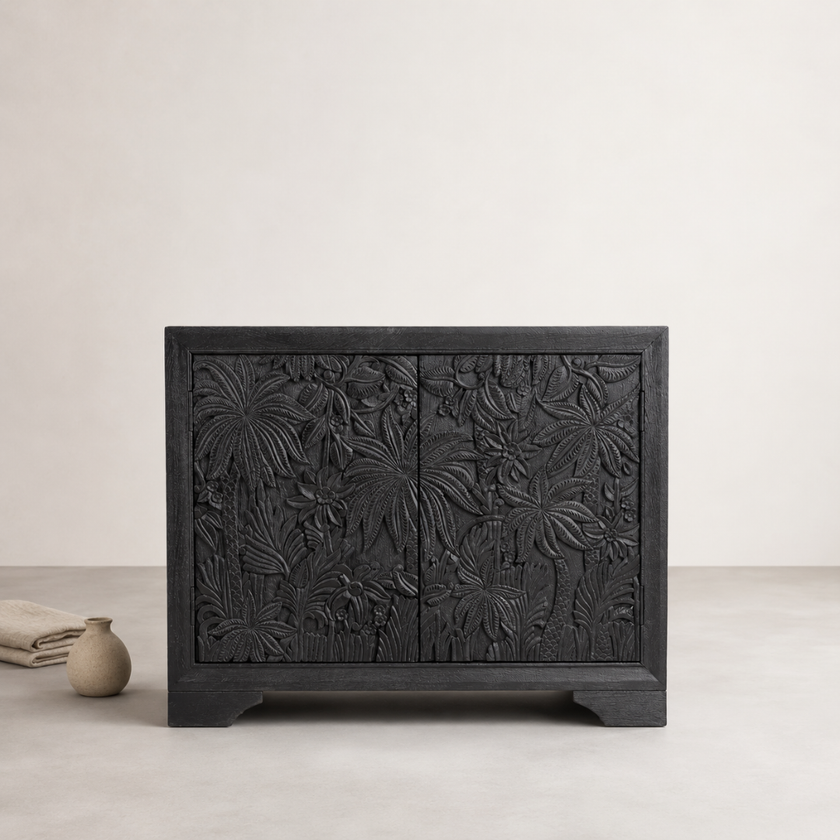 Castaway 2 Door Cabinet - Black — carving dropped into shadow under the dark stain
