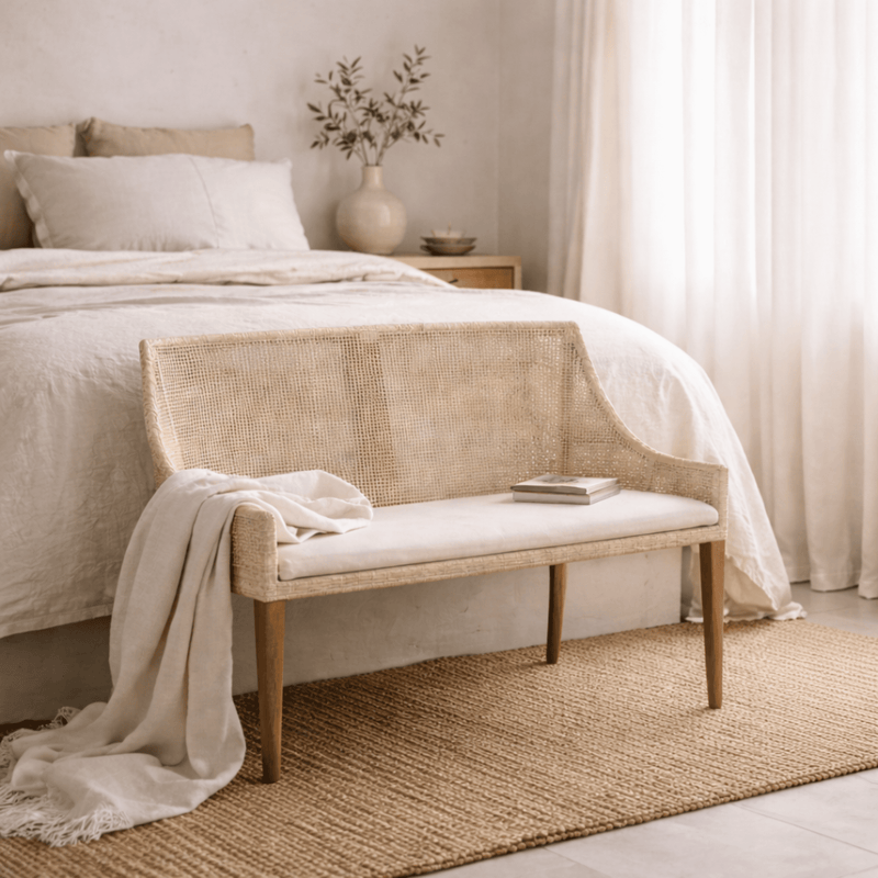 Charlotte Rattan Bench Seat – Natural Whitewash | Coastalis Living + Design
