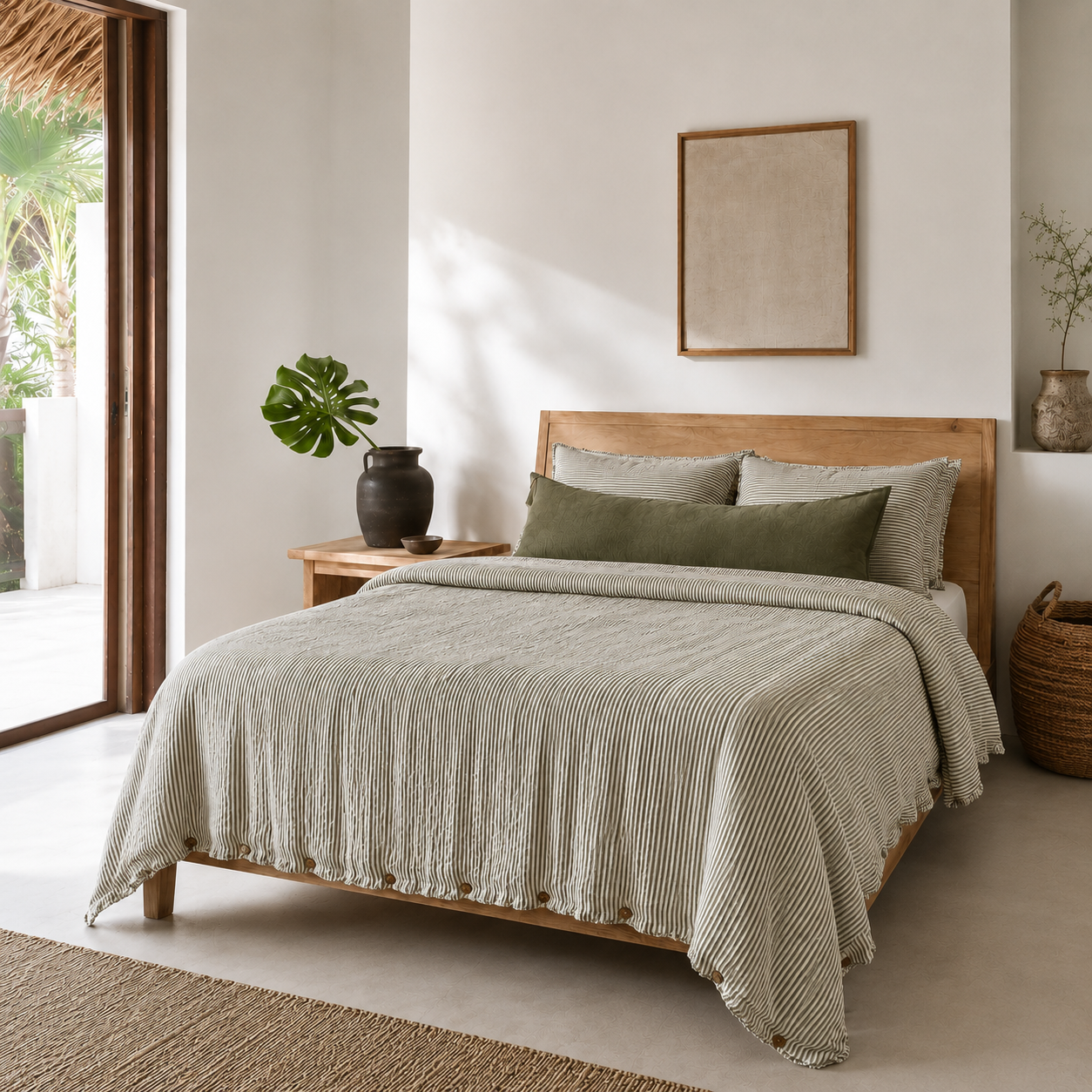 Bed made up with an olive pencil stripe French linen quilt cover in a light bedroom