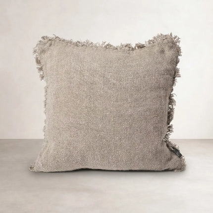 Coastalis Living + Design Bedouin Cushion in Natural, square handwoven linen with frayed fringe on all edges