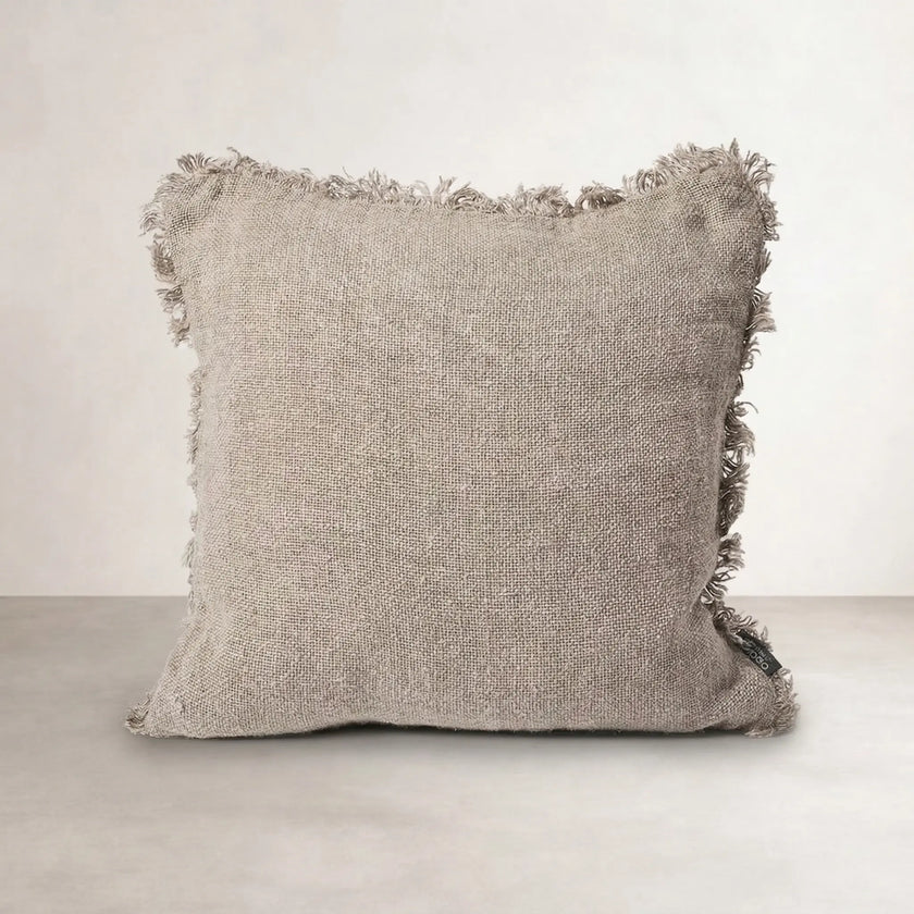 Coastalis Living + Design Bedouin Cushion in Natural, square handwoven linen with frayed fringe on all edges