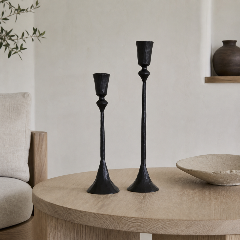 Nyx Forged Iron Candle Stands — matte black candle stands in a styled setting