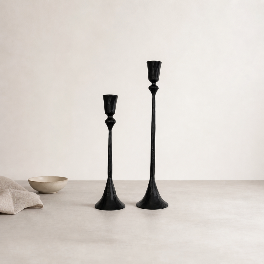 Nyx Forged Iron Candle Stands — slender tapering iron stands styled with minimal props