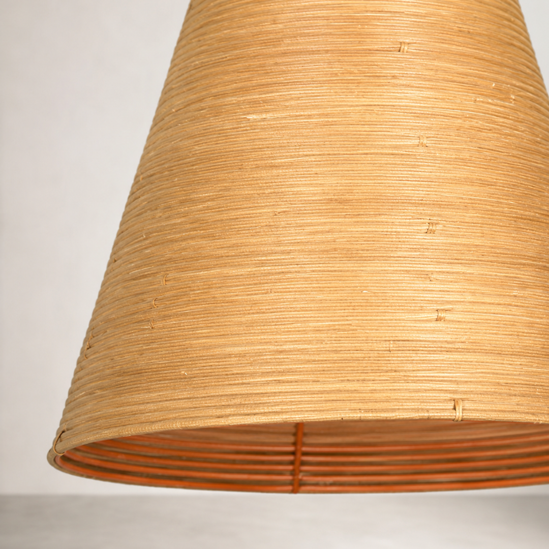 Cono Pendant — 72cm woven pendant with a warm glow when lit