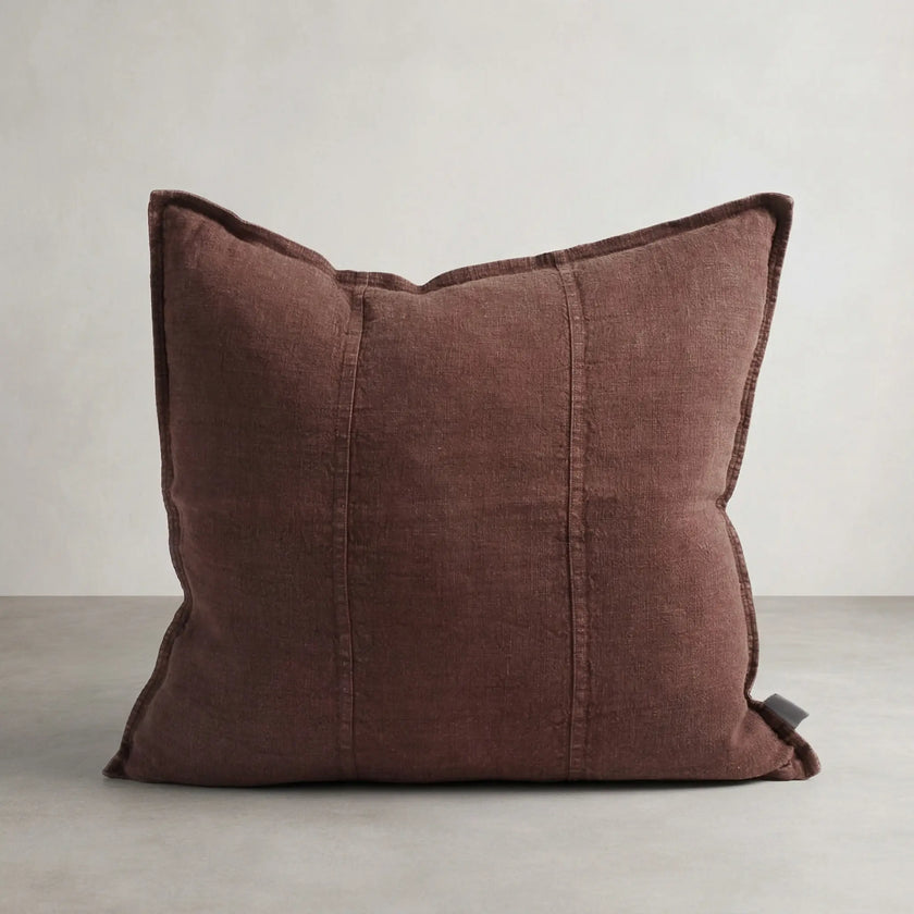 Eadie Lifestyle Luca Linen Cushion in Plum, front view of square cushion with washed linen texture