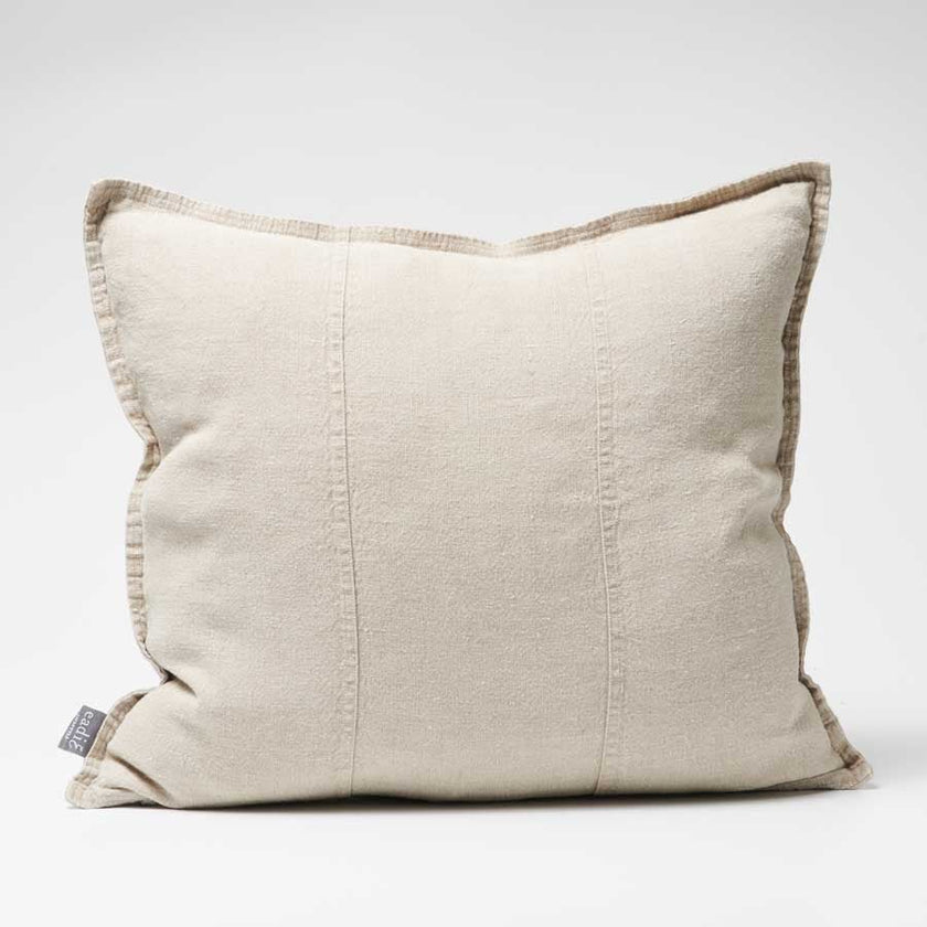Luca Linen Outdoor Cushion - Natural — loosely woven natural linen with invisible outdoor coating