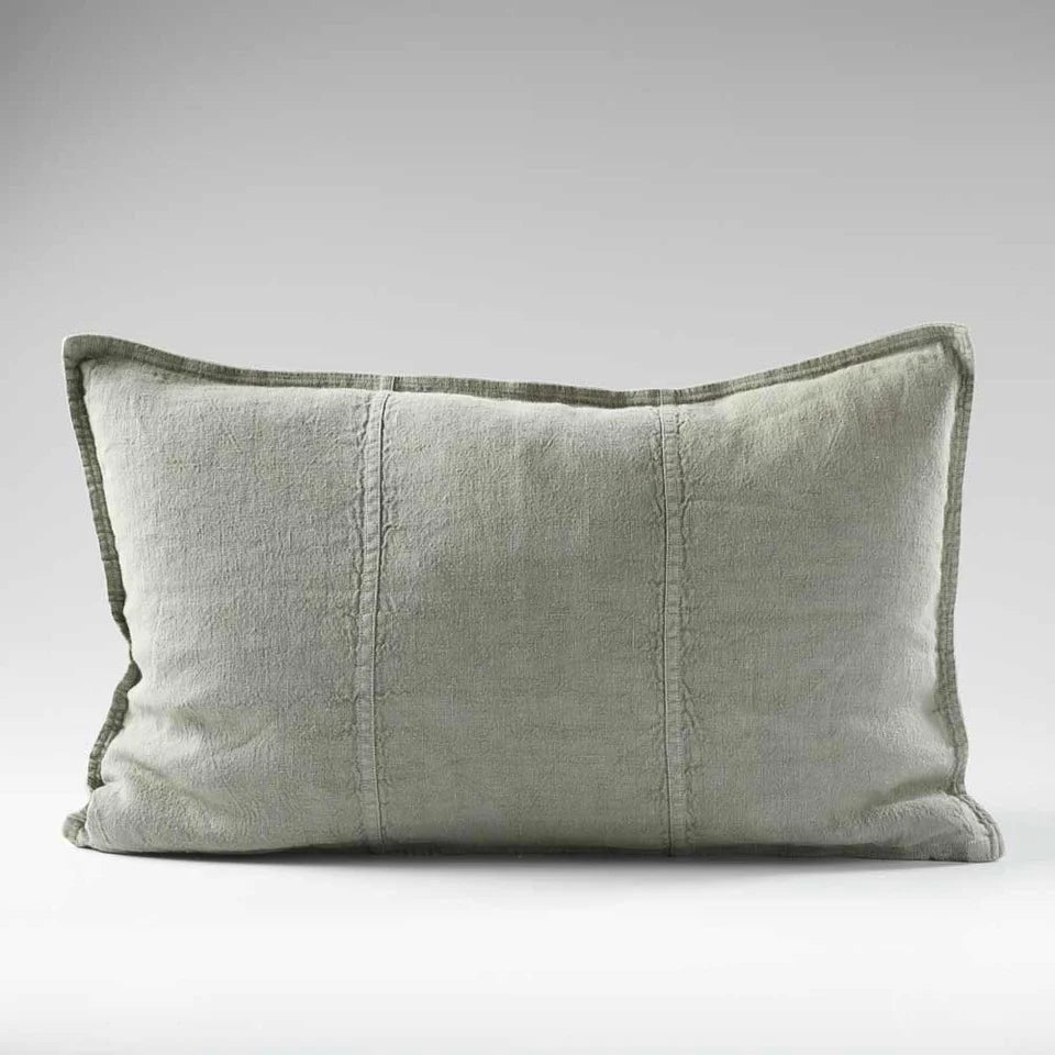 Luca Linen Outdoor Cushion - Pistachio — garment-dyed pistachio linen with lived-in texture